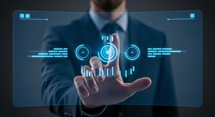 Elegant businessman using modern touch screen interface for data analysis and business insights