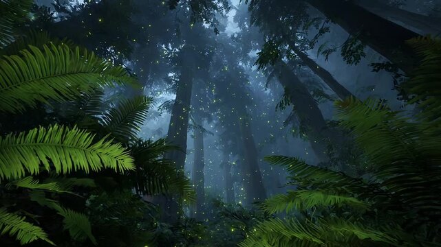 Misty ancient forest canopy with lush green ferns and tall trees reaching towards the sky.