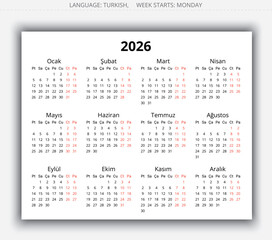 2026 year turkish simple calendar. Vector illustration Turkey - turk takvimi