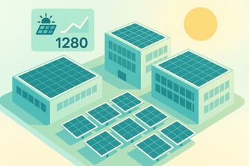 Fototapeta premium Eco friendly solar energy solution in urban landscape featuring solar panels generating renewable energy with a sunlit background illustrating sustainable development