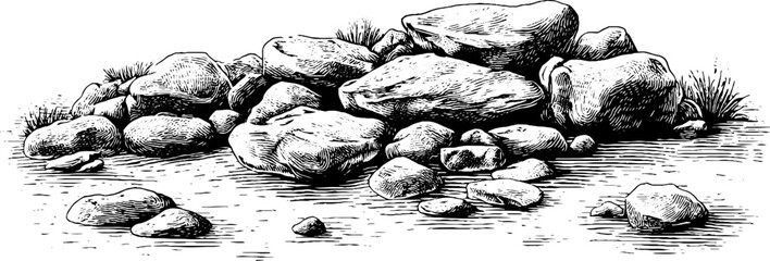 Engraved decorative illustration of coarse riverbed sand and rocks for design and decoration