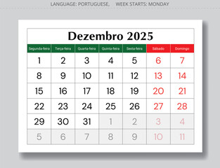 december PORTUGUESE monthly calendar for 2025 year - dezembro. Vector page illustration Portugal