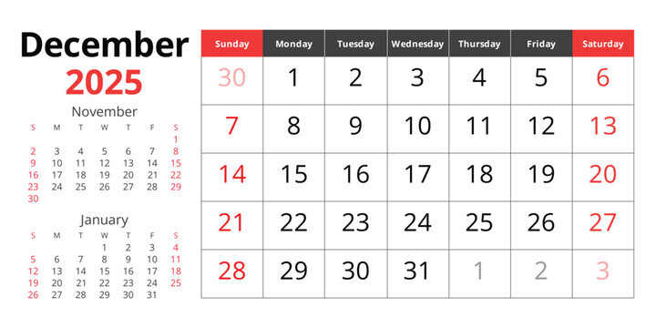 2025 december calendar. Vector English monthly. Winter month. Design Sunday start