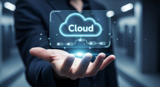 Futuristic cloud technology presented by professional businessman for secure data storage - Powered by Adobe