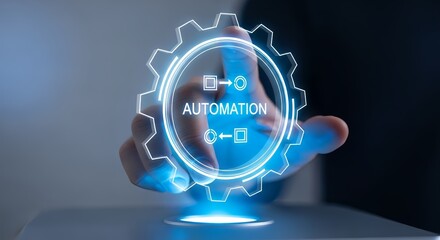 Automate workflow with glowing gear icon touching a digital interface for efficiency