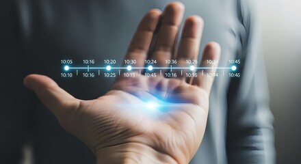 Conceptual timeline on hand represents digital transformation and progress tracking