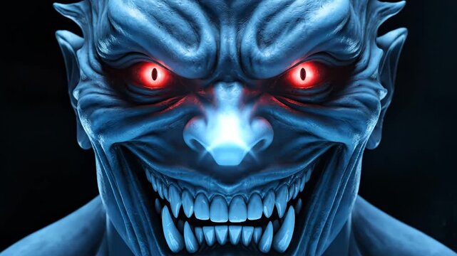 Close up of a terrifying blue demon face with glowing red eyes and sharp fangs against a dark background