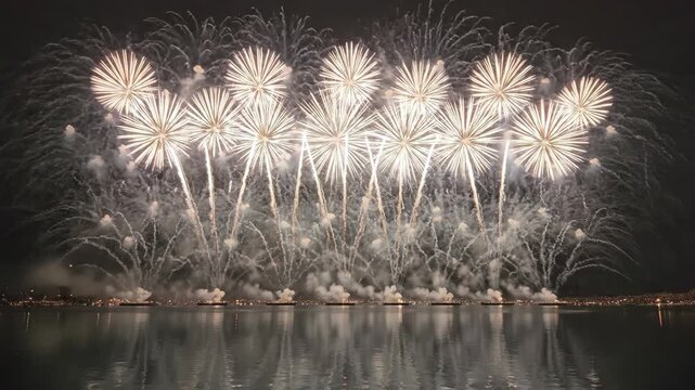 Spectacular fireworks finale over water reflecting colorful bursts against night sky