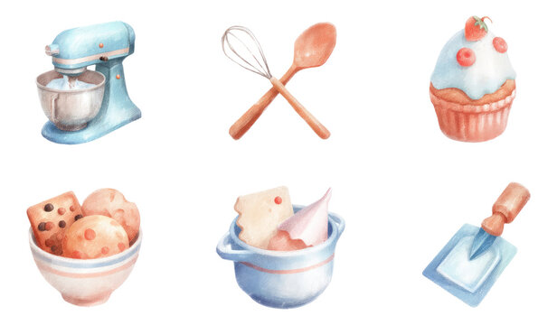 Soft Watercolor Illustrations of Bakery Tools and Ingredients on Transparent Background