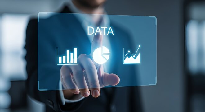 Professional analyzes data insights with touch screen technology in modern office