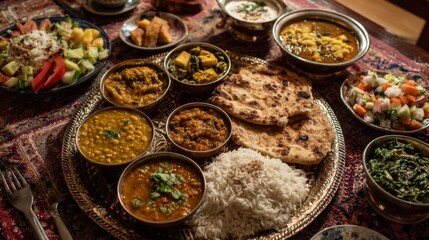 Vibrant Indian Feast with Traditional Dishes, Rice, Bread, and Fresh Vegetables Served on Ornate Table Setting