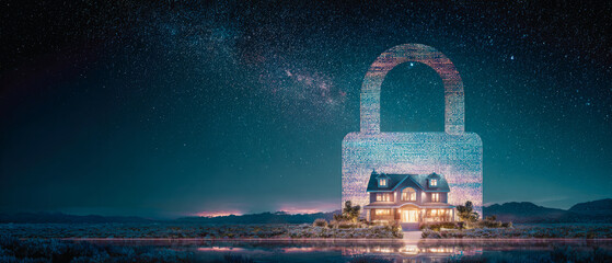 Secure home concept digital padlock over house security system cyber safety protection