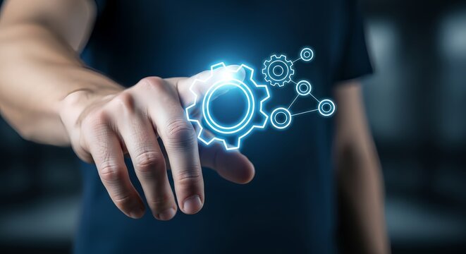 Innovative tech solutions with digital interface, connecting hand and glowing gears