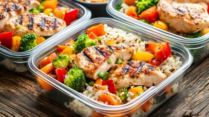 Meal prep containers with grilled chicken and healthy vegetables