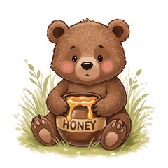 Cute cartoon bear holding a pot of honey isolated on white background silhouette