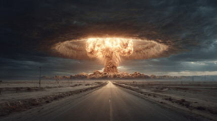 A dramatic nuclear explosion looms over a desolate landscape, featuring ominous clouds and a long, deserted road leading into the devastation.