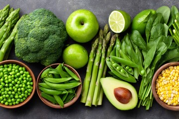 Fresh green vegetables and fruits promoting healthy eating