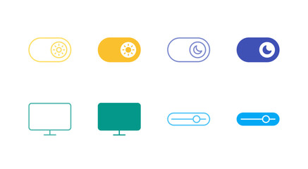 Flat Colored Display Mode Icon Set in Outline and Solid Style for Screen Settings and Brightness
