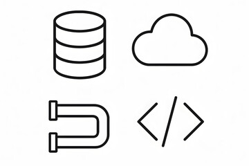 Fototapeta premium Cloud and Data Icons: Streamlined icons depicting cloud, database, coding, and the magnetic force. Simple, clean, and ideal for digital design and tech presentations.