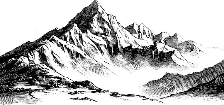 Hand drawn engraving of mountain landscape with foliated mica sheets for retro design