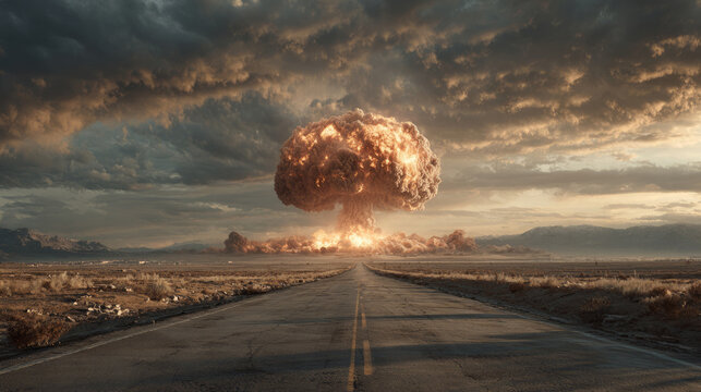A dramatic scene of a nuclear explosion rises against a moody sky, with a deserted road leading toward the catastrophic event in a barren landscape.
