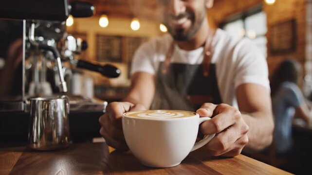 Smiling barista delivering a steaming cup of freshly brewed coffee with intricate latte art, embodying warm hospitality and the inviting atmosphere of a vibrant coffee shop - Powered by Adobe