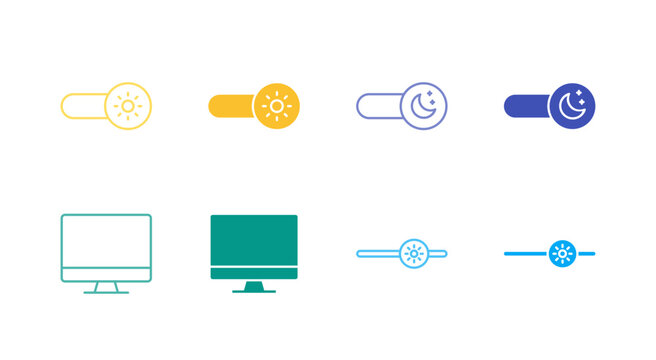 Flat Colored Display Mode Icon Set in Outline and Solid Style for Screen Settings and Brightness