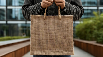 A person holds a reusable jute bag in a modern urban setting, showcasing eco-friendly shopping and sustainable living.