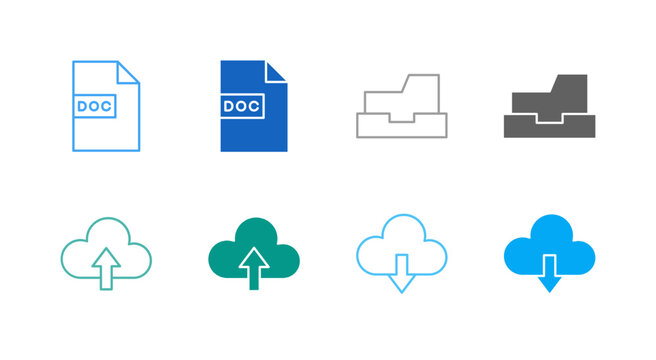 Flat Colored Cloud Document Icon Set in Outline and Solid Style for Data Storage and Transfer