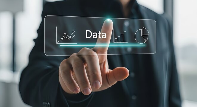 Professional analyzes data trends with virtual interface for business intelligence - Powered by Adobe