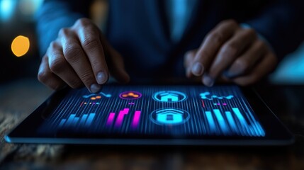 Hands on tablet, financial data, home icons