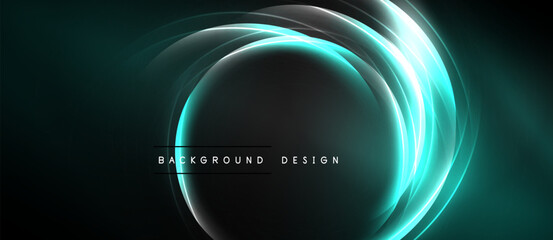 Abstract dark background features glowing circular layers. Teal, white hues create dynamic visual effect. Modern design element.