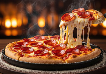 Delicious pepperoni pizza with melting cheese and a warm, inviting background