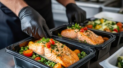 Obraz premium Chef preparing healthy salmon meal prep for delivery