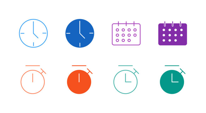 Flat Colored Time and Calendar Icon Set in Outline and Solid Style for Scheduling and Productivity