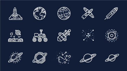 illustrating space exploration and astronomical elements. Icons should include a rocket launch, planet Earth, Mars rover, satellite, telescope, shooting star, constellation, solar system