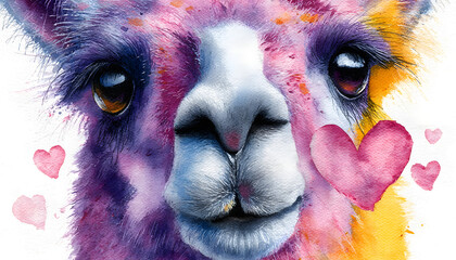 Fototapeta premium Cute watercolor llama gives heart . Clipart for romantic cards. Lovely animal illustration bestows affection. graphic resource ideal for heartfelt greeting invitation design printable