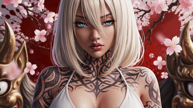 Tattooed blonde woman in white bikini posing between two golden japanese oni masks with cherry blossoms