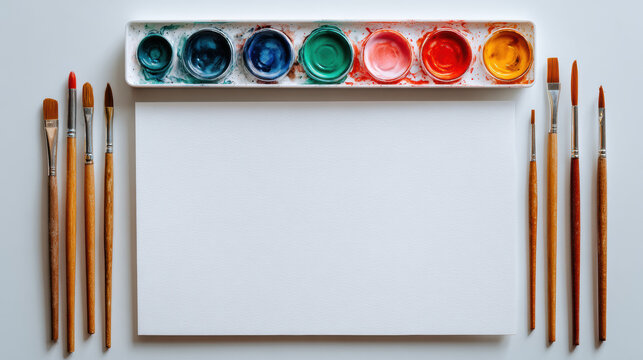 Watercolor paint set with assorted brushes arranged around a blank sheet of paper, creating a clean artistic workspace ready for painting