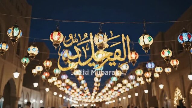 Festive Colorful Arabic Lanterns Illuminated at Dusk During Eid Celebration With Golden Arabic Calligraphy and Eid Mubarak Text