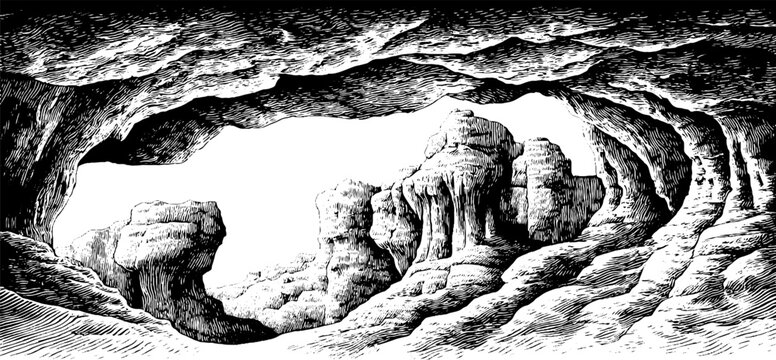 Engraved decorative illustration rugged cave limestone vintage ske
