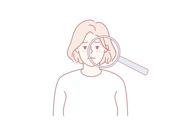 Unhappy woman with acne on face under magnifying glass. Upset young female suffer from skincare problems. Dermatology and cosmetology. Vector illustration.
