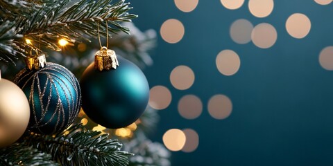 Obraz premium Teal and gold christmas ornaments hanging on tree