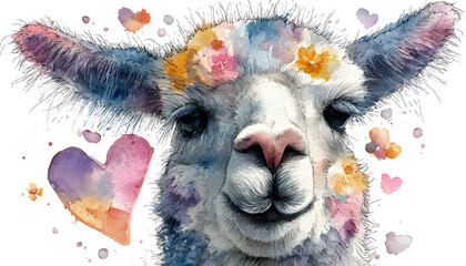 Fototapeta premium Cute watercolor llama gives heart . Clipart for romantic cards. Lovely animal illustration bestows affection. graphic resource ideal for heartfelt greeting invitation design printable