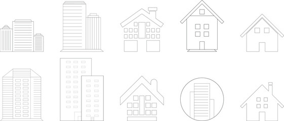 Minimalist Building line icons set with editable stroke, Modern City Skyline, Apartment, Cottage, Villa & Skyscraper Line Art Collection for Real Estate, Architecture, Construction