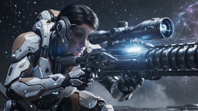 Female futuristic soldier in white and tan power armor aims a hightech sniper rifle against a starry space background