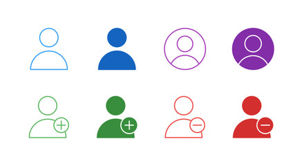 Flat Colored User and Profile Icon Set in Outline and Solid Style for Account Management and Membership