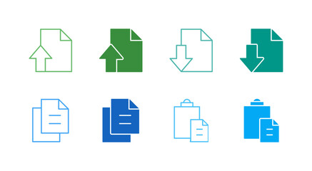 Flat Colored Data Transfer Icon Set in Outline and Solid Style for Cloud and Clipboard Functions