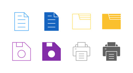 Flat Colored File and Document Icon Set in Outline and Solid Style for Data Management and Storage
