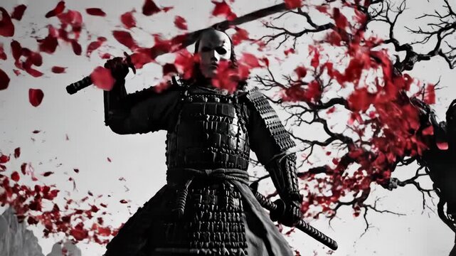 Dramatic low angle of a masked samurai warrior in dark armor standing near a gnarled tree with red falling leaf petals